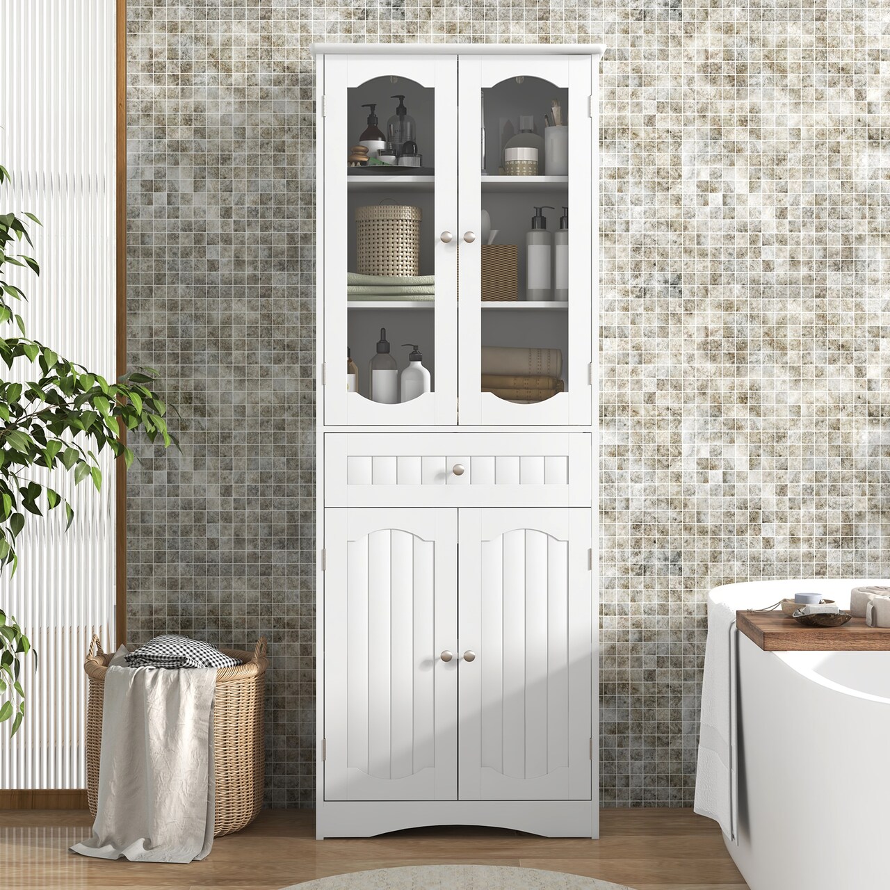 63 Inch Tall Freestanding Bathroom Storage Cabinet with 3-Position Adjustable Shelves and 2 Glass Doors